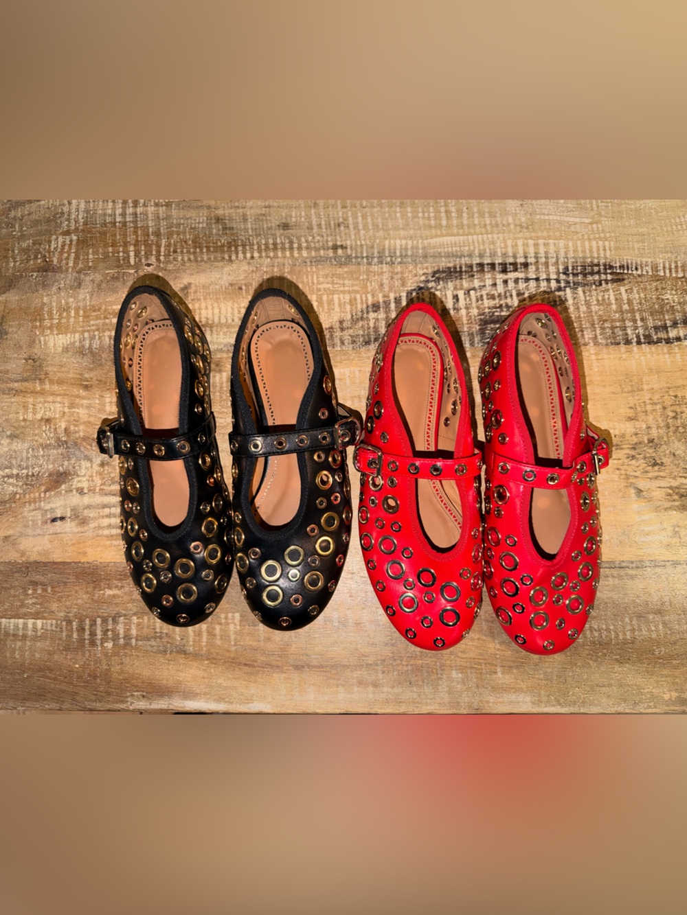 2 pair- Women’s Mary Jane Grommet Ballet Flats in Black and Red. Size 7